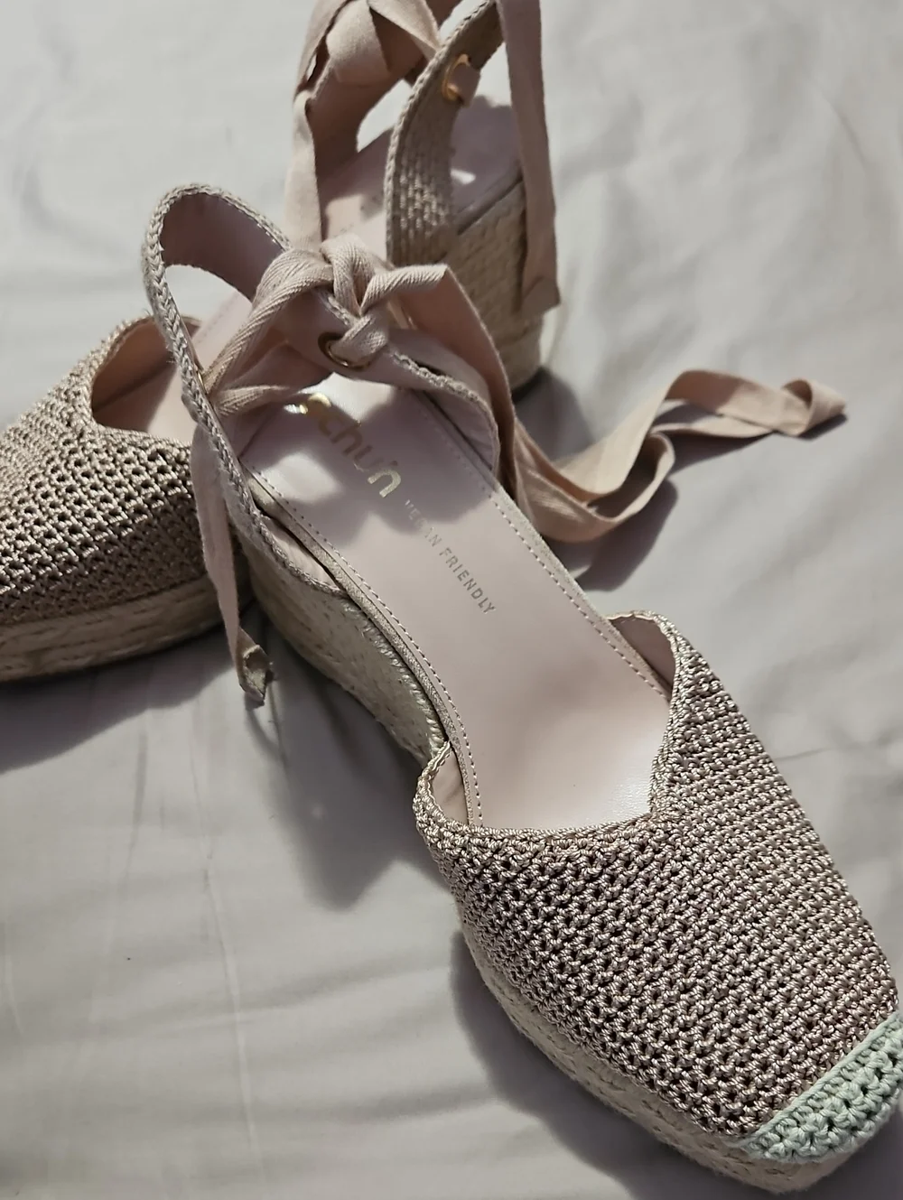Women's Tan Cream Schuh Velma Espadrille Wedge Sandals with Ankle Wrap Size 7